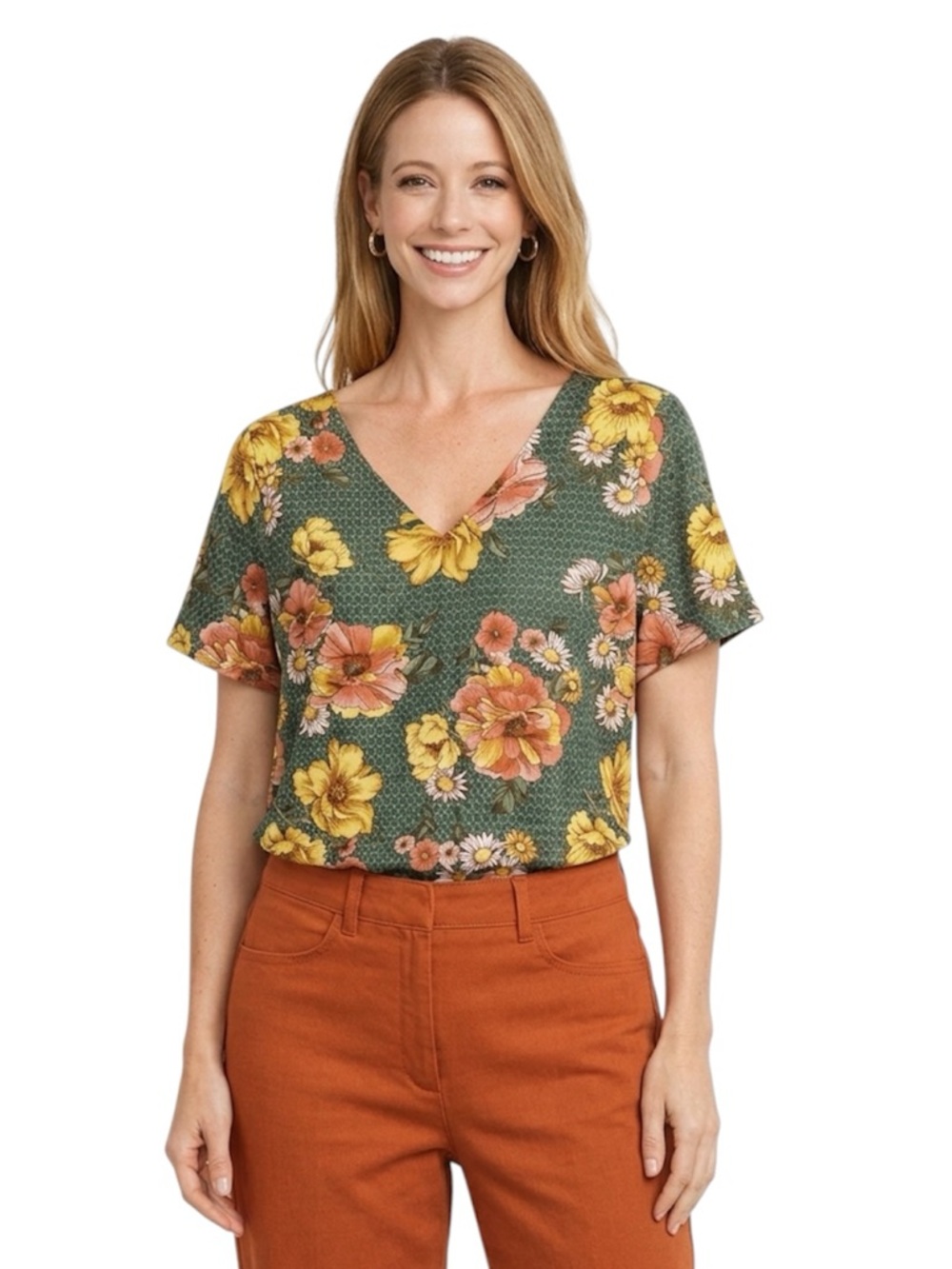 Forever 21 Contemporary Women’s Floral Top Short Sleeve V- Neck Green Size Small